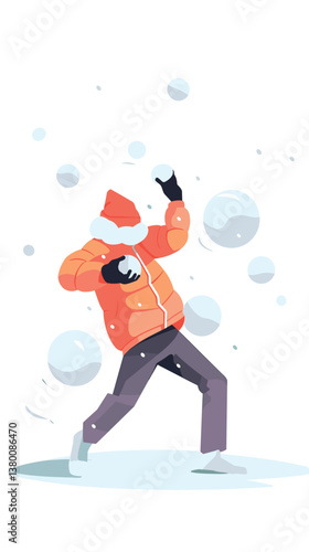 Young caucasian male in winter clothes enjoying snowball fight flat vector illustration
