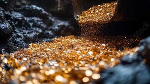 Pouring gold Glistening flakes cascade onto a dark, textured surface, catching light