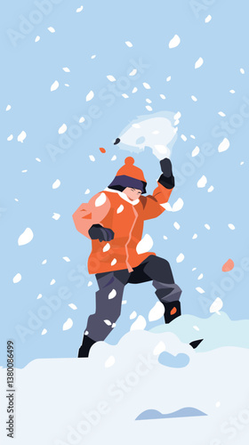 Asian young adult male braving snowstorm in orange jacket flat vector illustration