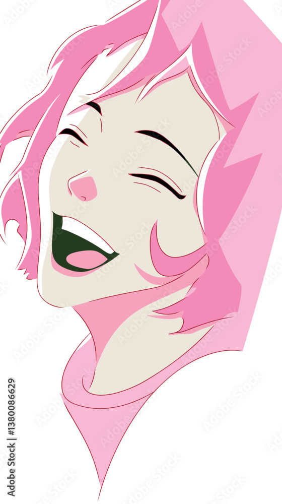 Joyful expression of asian female character with pink hair in minimalist artwork flat vector illustration Joyful expression of asian female character with pink hair in minimalist artwork flat vector illustration