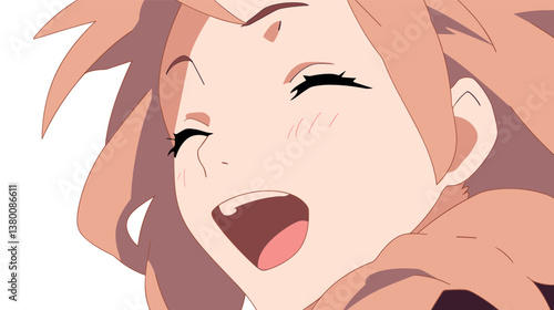 Animated girl with joyful expression and rosy cheeks flat vector illustration