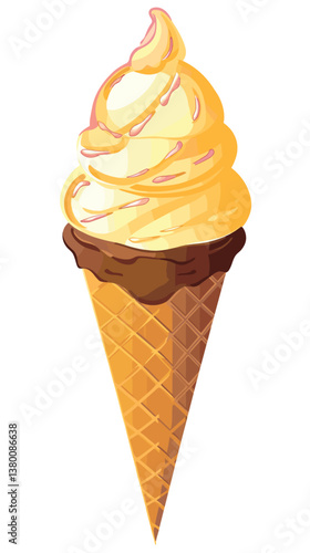 Vanilla ice cream cone with chocolate topping on waffle cone flat vector illustration