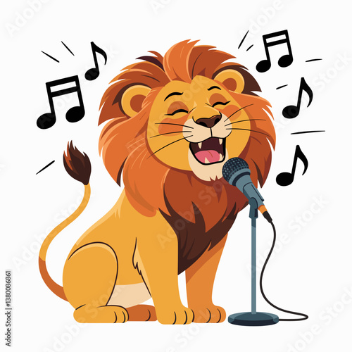 Cartoon Lion Singing with Microphone and Music Notes