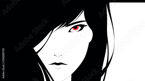 Mysterious black and white asian anime woman with red eye flat vector illustration