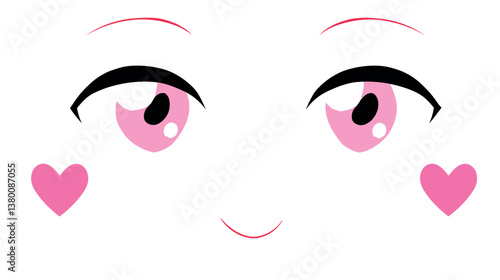 Kawaii anime face with pink eyes and heart cheeks flat vector illustration
