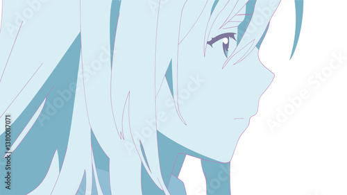 Blue-tinted anime character profile with long hair flat vector illustration