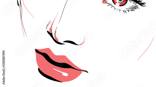 Minimalist art of female face with red lips and eye details flat vector illustration