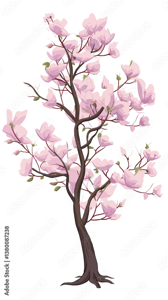 Naklejka premium Pink magnolias in full bloom - elegant floral tree illustration flat vector illustration