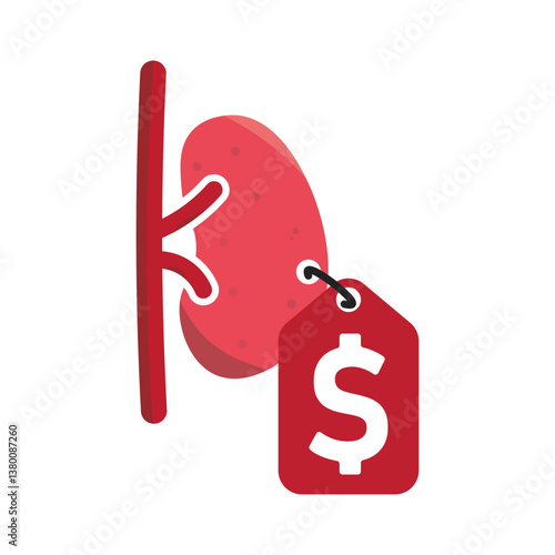 Isolated illustration of a kidney for sale, featuring a price tag hanging from the organ