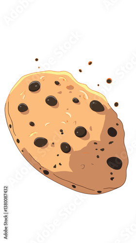 Chocolate chip cookie with crispy texture and glossy chocolate chips flat vector illustration