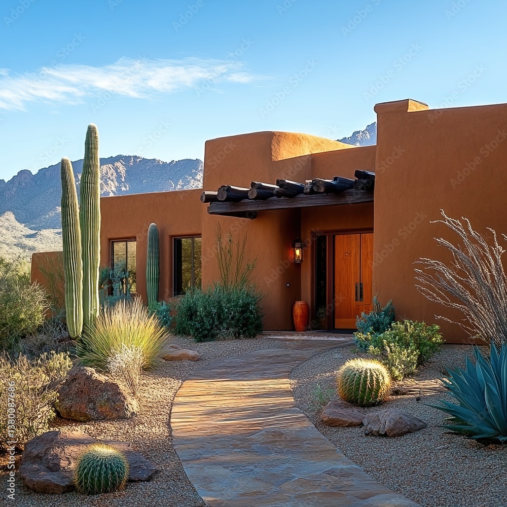 Fototapeta premium Typical new desert home with adobe style architecture in the popular Village of Oak Creek area.
