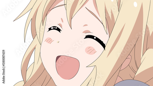 Blonde anime girl smiling with joyful expression on her face flat vector illustration