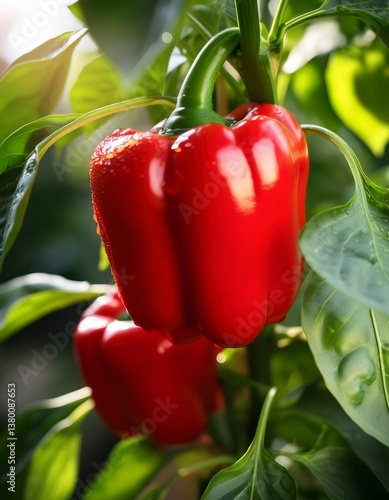 Ripe red bell peppers clustered on vine, water droplets reflecting sunlight