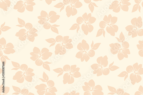 Abstract artistic shapes flowers, tiny buds, small leaves, silhouettes branches seamless pattern on a light beige background. Pastel pink floral stems printing. Vector hand drawing. Nature ornament