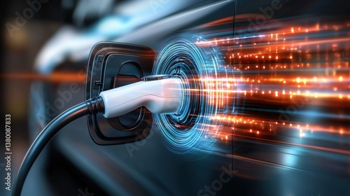 Electric vehicle charging station urban environment technology close-up futuristic setting dynamic energy transfer concept