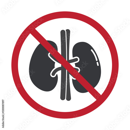 Isolated prohibition sign indicating harm to kidneys, with symbols of unhealthy food and drinks representing dietary health risks