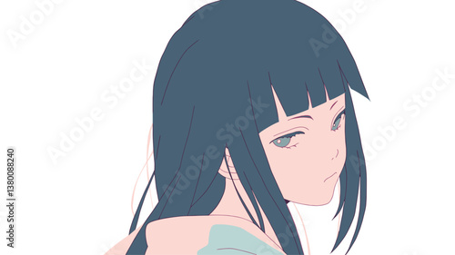 Anime character with long dark hair and enigmatic expression flat vector illustration