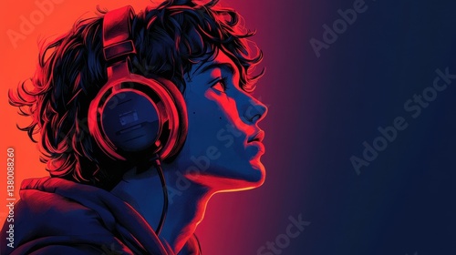 Young caucasian male listening to music with headphones in red and blue lighting