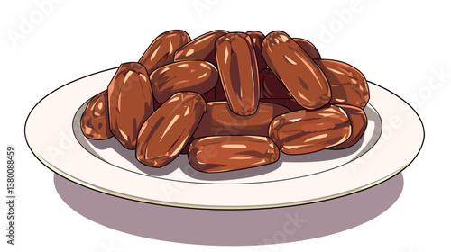 Plate of ripe dates on white dish - dried fruits for healthy snacking and natural sweetness flat vector illustration