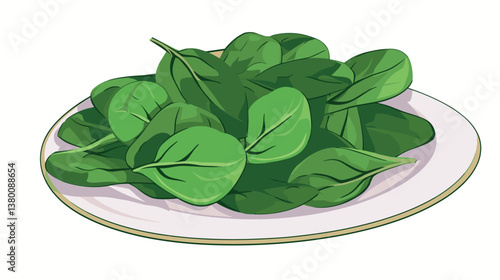 Fresh spinach leaves on plate isolated on white background flat vector illustration