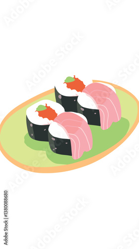 Plate of nigiri and maki sushi on green tray flat vector illustration