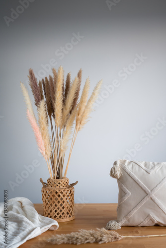 Obraz na płótnie Bohemian Style: Pampas Grass, Woven Vase and Textured Pillow Still Life w salonie