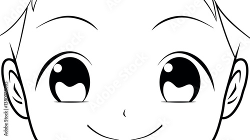 Anime-style cartoon face with large eyes and happy expression flat vector illustration