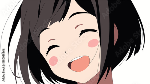 Anime style smiling girl with black hair and closed eyes flat vector illustration