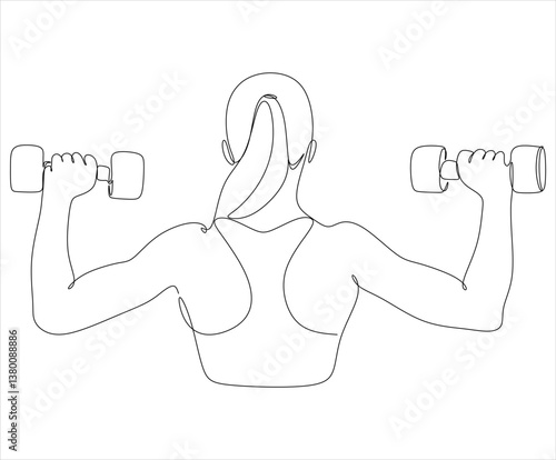 One continuous line drawing of sportswoman with dumbbells. Workout, fitness, gym, muscular woman.