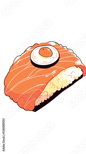 Illustration of salmon sushi nigiri with quail egg on white background flat vector illustration