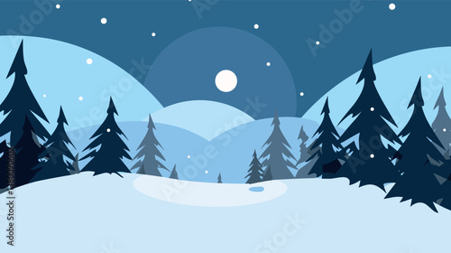 Snowy landscape with pine trees and moonlit night sky flat vector illustration