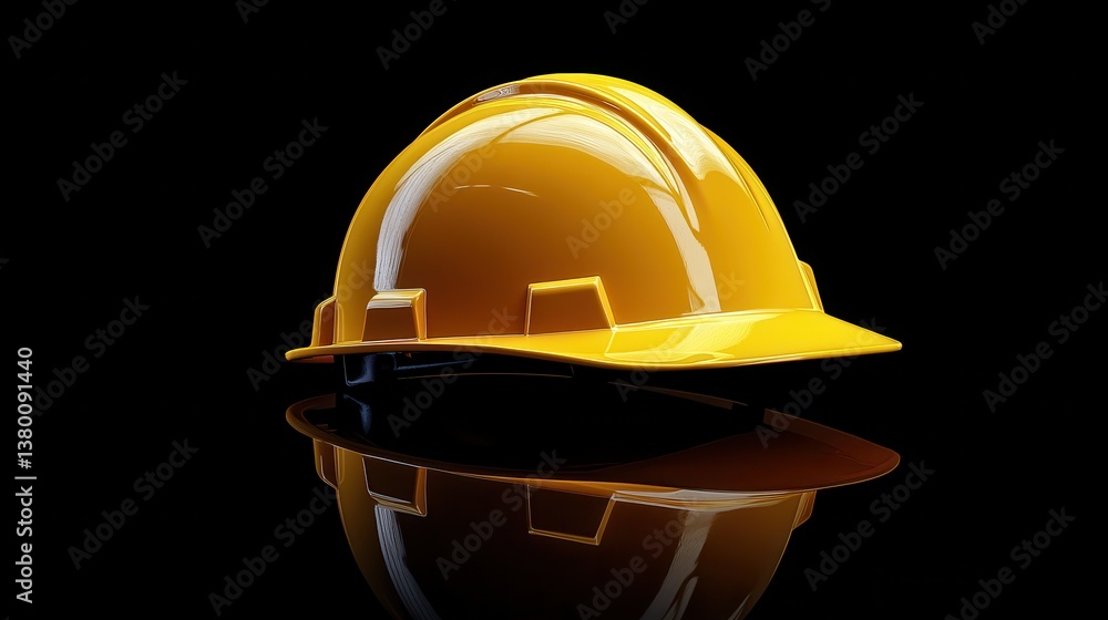 Fototapeta premium Yellow safety helmet reflecting on black surface