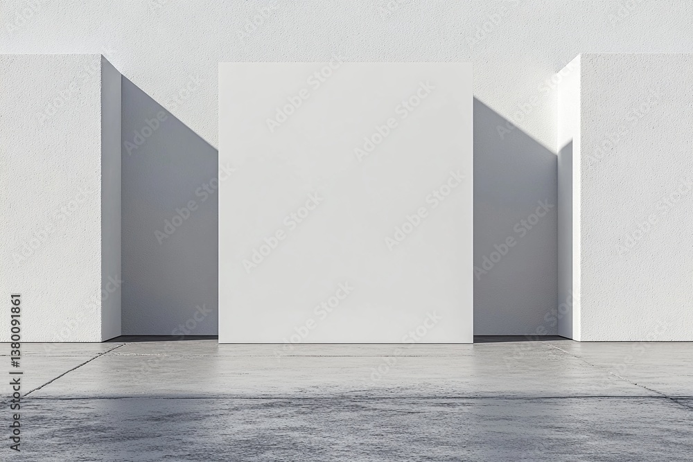 Modern minimalist interior design with a large blank white canvas as the focal point, surrounded by white walls and a grey floor. Ideal for showcasing artwork or product placement. Modern minimalist interior design with a large blank white canvas as the focal point, surrounded by white walls and a grey floor. Ideal for showcasing artwork or product placement.