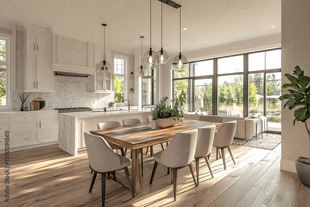 Fototapeta premium Modern Farmhouse Kitchen Dining Room Interior Design Sunlight Home View Area Decor Space Style Table