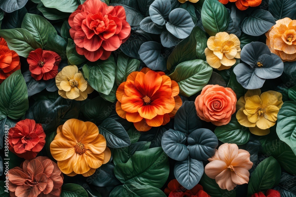 Floral Background with Begonia-Like Flowers and Leaves, High Angle View, Vibrant Color Palette, Nature Inspired, Botanical Print Floral Background with Begonia-Like Flowers and Leaves, High Angle View, Vibrant Color Palette, Nature Inspired, Botanical Print