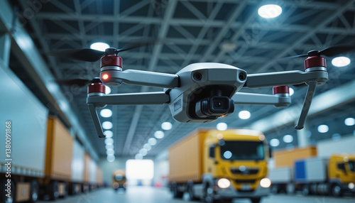 Drone capturing footage in a logistics warehouse for blogs, websites, technology-related designs, educational materials, presentations, and digital marketing