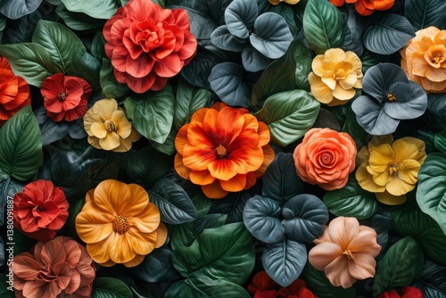 Wallpaper Mural Floral Background with Begonia-Like Flowers and Leaves, High Angle View, Vibrant Color Palette, Nature Inspired, Botanical Print Torontodigital.ca