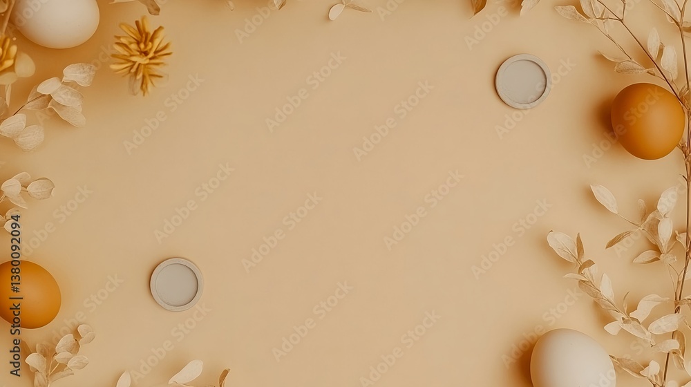 Fototapeta premium Minimalist Easter composition with eggs, florals and round coasters on monochrome background, perfect for poster banner or copy space