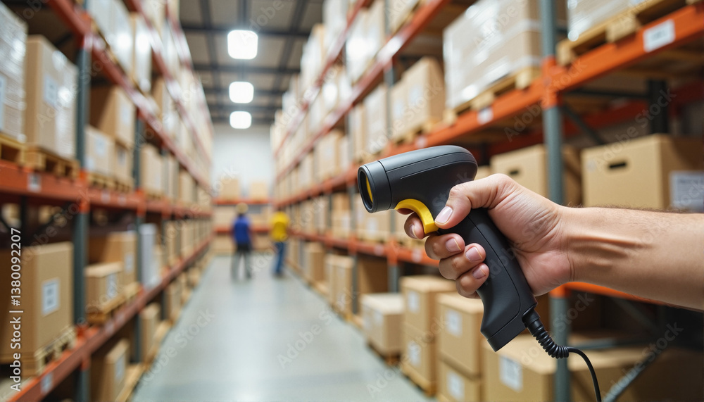 Fototapeta premium Employee using barcode scanner in warehouse full of stacked boxes for blogs, websites, inventory management materials, educational content, logistics resources, and operational presentations -