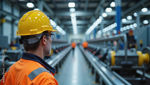 Construction worker observing production line in industrial facility for blogs, websites, safety training materials, business presentations, and manufacturing industry insights