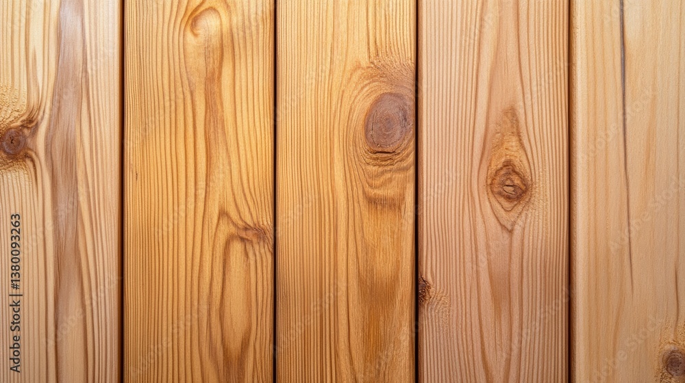 Fototapeta premium Close up view of light brown wood planks arranged vertically, showcasing natural wood grain and subtle variations in color and texture.