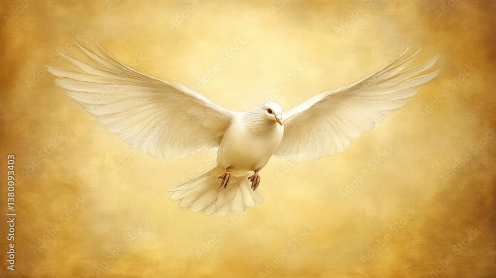 Obraz premium a serene depiction of a white dove in graceful flight against a warm golden textured canvas evoking feelings of peace and spiritual upliftment