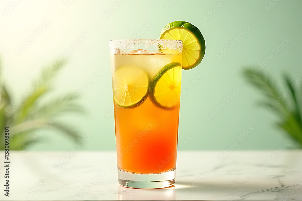 Fototapeta premium high-quality shot of a margarita in a tall, elegant glass, with a colorful gradient of lime and orange hues. The composition is balanced