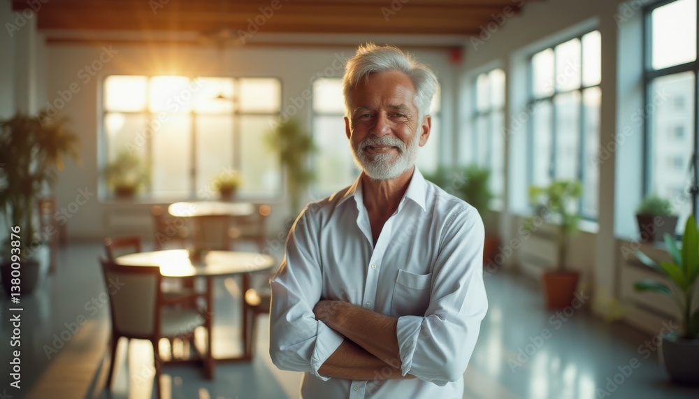 Mature Gentleman Smiling Confidently in a Brightly Lit Modern Interior Mature Gentleman Smiling Confidently in a Brightly Lit Modern Interior