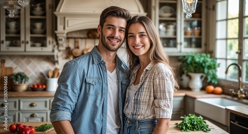 young couple on French inspired kitchen with elegant decor background happy portrait photo