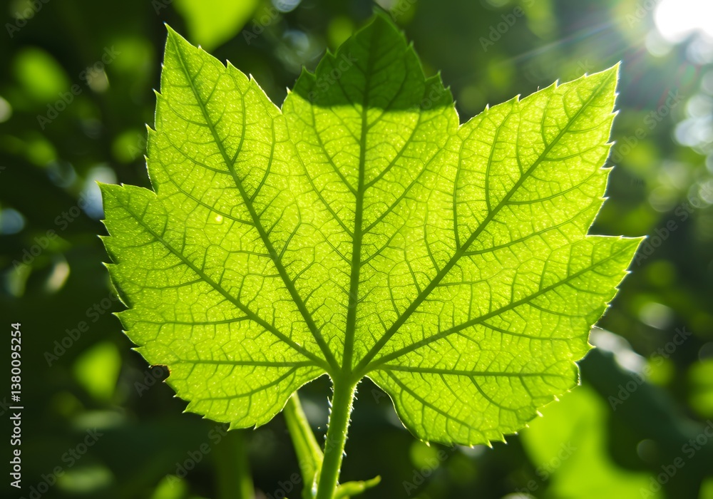 Close-up of a vibrant green leaf with veins, illuminated by sunlight. Nature, plant life and summer. Close-up of a vibrant green leaf with veins, illuminated by sunlight. Nature, plant life and summer.