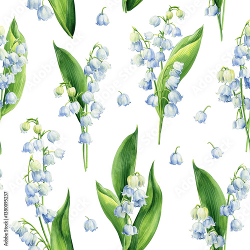 seamless pattern with lily of the valley flowers, watercolor hand painted floral design with green leaves for design art