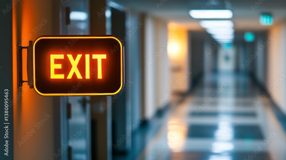 Neon Exit Sign Illuminates Evacuation Route in Corridor, Providing Safety During Emergency Neon Exit Sign Illuminates Evacuation Route in Corridor, Providing Safety During Emergency