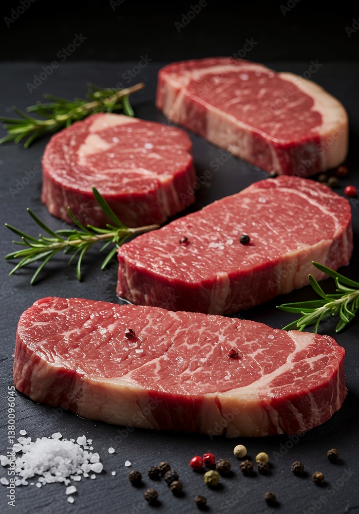 Premium Raw Ribeye Steaks with Rosemary and Spices Premium Raw Ribeye Steaks with Rosemary and Spices