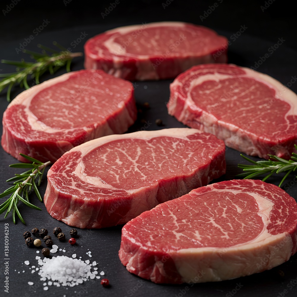 Premium Raw Ribeye Steaks with Rosemary and Spices Premium Raw Ribeye Steaks with Rosemary and Spices